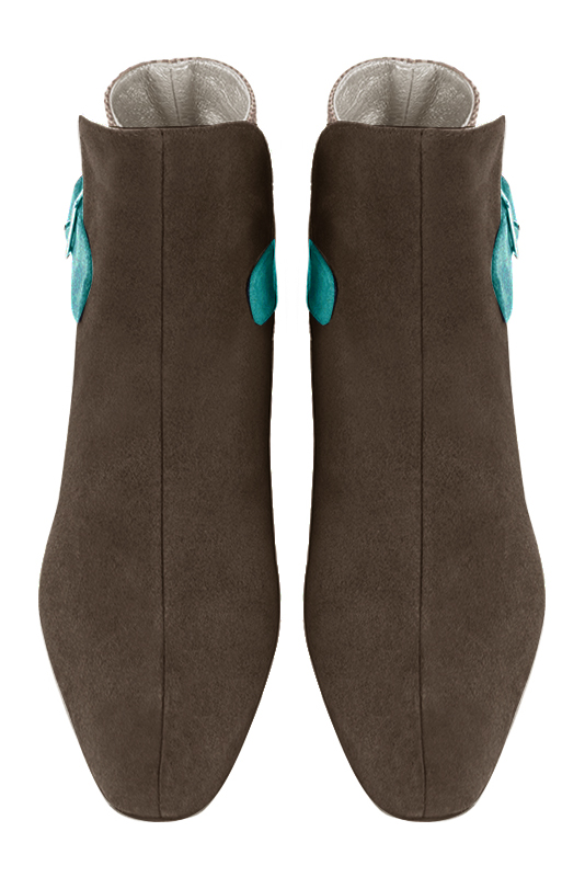 Chocolate brown, natural beige and aquamarine blue women's ankle boots with buckles at the back. Square toe. Medium block heels. Top view - Florence KOOIJMAN